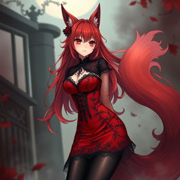 A sexy gothic anime girl designed as a Kitsune, featuring striking long red hair that flows beautifully around her shoulders