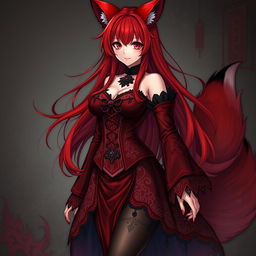 A sexy gothic anime girl designed as a Kitsune, featuring striking long red hair that flows beautifully around her shoulders