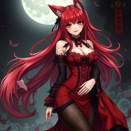 A sexy gothic anime girl designed as a Kitsune, featuring striking long red hair that flows beautifully around her shoulders