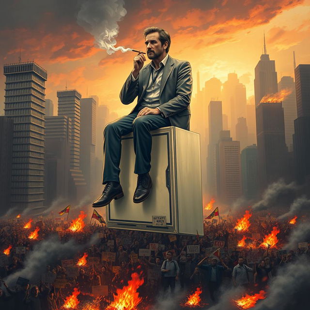 A highly detailed surreal illustration of a man sitting atop a giant matchbox, casually lighting a cigarette with his hands