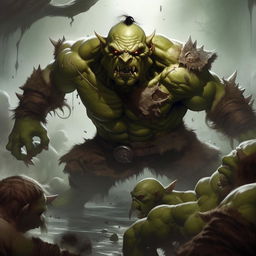 Display a tense battle scene: the orc, Matt engaging with slimes, the odds greatly against him with a 70% chance of a mortal wound and only a 30% chance of victory.