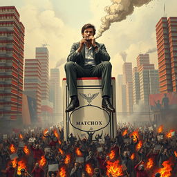 A highly detailed surreal illustration of a man sitting atop a giant matchbox, casually lighting a cigarette with his hands