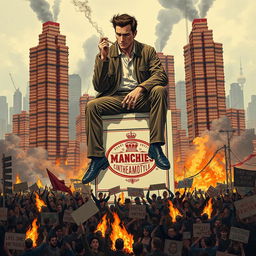 A highly detailed surreal illustration of a man sitting atop a giant matchbox, casually lighting a cigarette with his hands