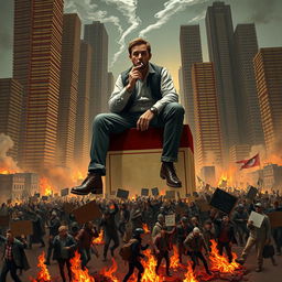 A highly detailed surreal illustration of a man sitting atop a giant matchbox, casually lighting a cigarette with his hands