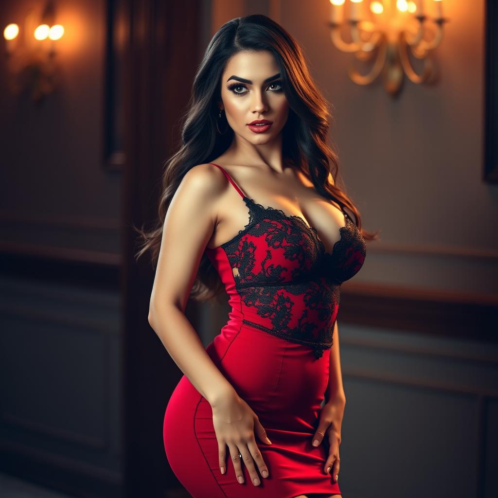 A hot brunette milf with gorgeous curves, wearing a sexy, form-fitting dress that accentuates her figure