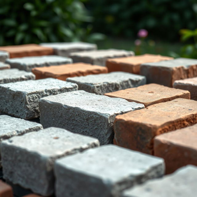 A detailed and artistic rendering of various blank bricks in a beautifully arranged pattern, showcasing their textures and colors in natural light