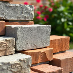 A detailed and artistic rendering of various blank bricks in a beautifully arranged pattern, showcasing their textures and colors in natural light