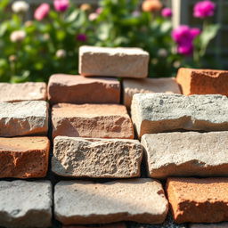 A detailed and artistic rendering of various blank bricks in a beautifully arranged pattern, showcasing their textures and colors in natural light