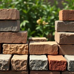 A detailed and artistic rendering of various blank bricks in a beautifully arranged pattern, showcasing their textures and colors in natural light
