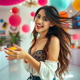A vibrant, energetic scene of Mia, a confident and alluring woman with long flowing hair, engaging in a playful activity that showcases her personality