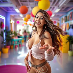 A vibrant, energetic scene of Mia, a confident and alluring woman with long flowing hair, engaging in a playful activity that showcases her personality