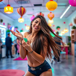 A vibrant, energetic scene of Mia, a confident and alluring woman with long flowing hair, engaging in a playful activity that showcases her personality