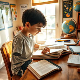 A young boy engrossed in studying, sitting at a wooden desk filled with open books and stationery