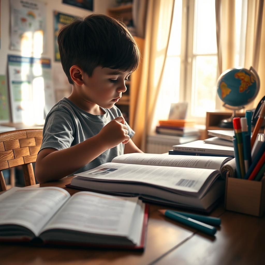 A young boy engrossed in studying, sitting at a wooden desk filled with open books and stationery