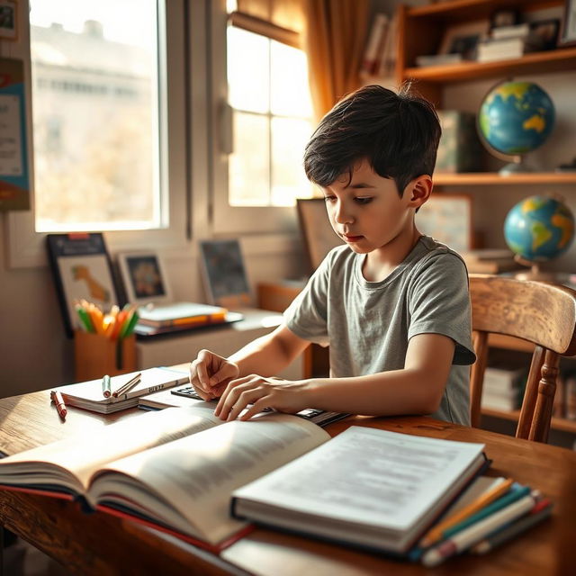 A young boy engrossed in studying, sitting at a wooden desk filled with open books and stationery