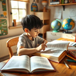 A young boy engrossed in studying, sitting at a wooden desk filled with open books and stationery