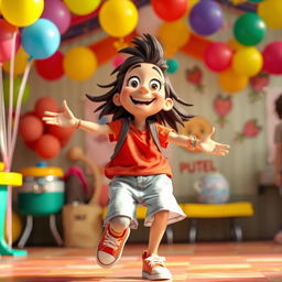 A vibrant and lively scene featuring a character playfully spinning with a fun and carefree expression, as they swing their arms downwards to create a sense of motion