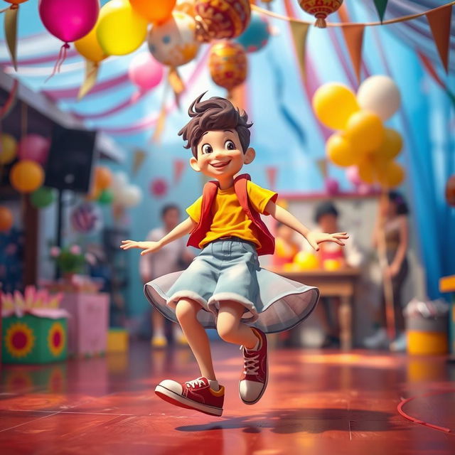 A vibrant and lively scene featuring a character playfully spinning with a fun and carefree expression, as they swing their arms downwards to create a sense of motion