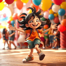 A vibrant and lively scene featuring a character playfully spinning with a fun and carefree expression, as they swing their arms downwards to create a sense of motion
