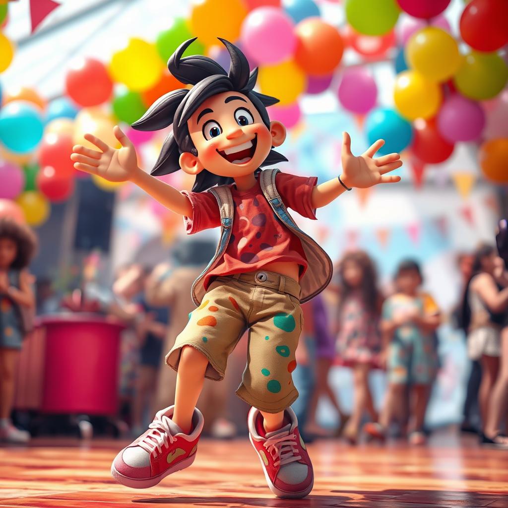 A vibrant and lively scene featuring a character playfully spinning with a fun and carefree expression, as they swing their arms downwards to create a sense of motion