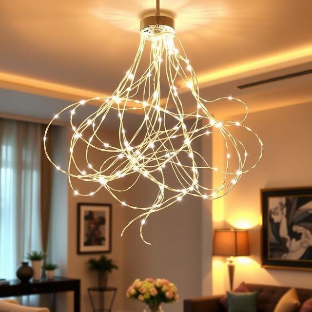 A stunning chandelier made entirely from LED string lights, showcasing a creative and modern design