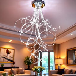 A stunning chandelier made entirely from LED string lights, showcasing a creative and modern design