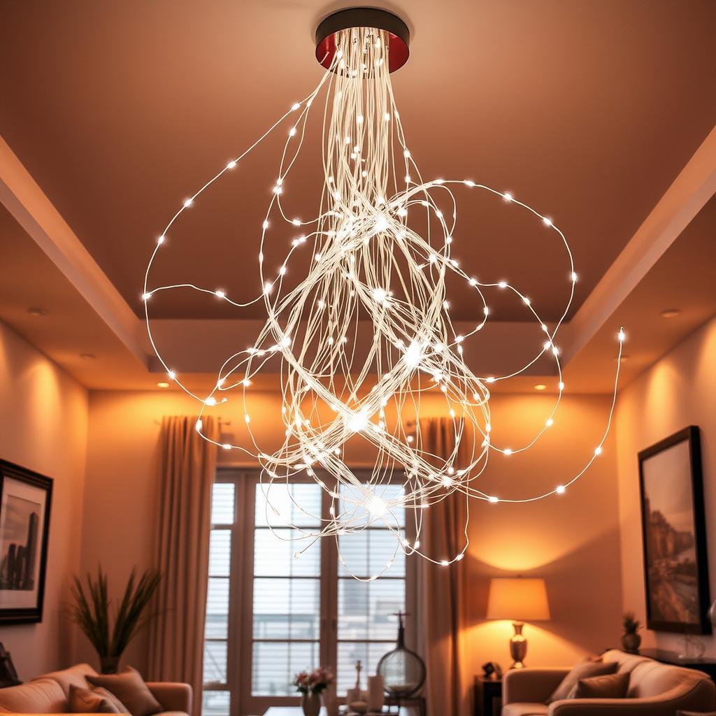 A stunning chandelier made entirely from LED string lights, showcasing a creative and modern design