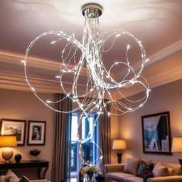 A stunning chandelier made entirely from LED string lights, showcasing a creative and modern design