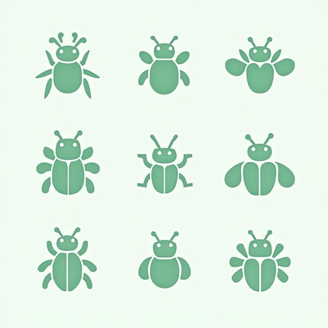 A collection of several sleek and modern logos, each featuring a stylized beetle in mint green