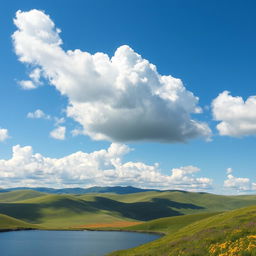 A serene landscape showcasing fluffy white clouds in a vivid blue sky, resembling a picturesque summer day