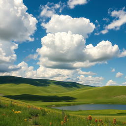 A serene landscape showcasing fluffy white clouds in a vivid blue sky, resembling a picturesque summer day