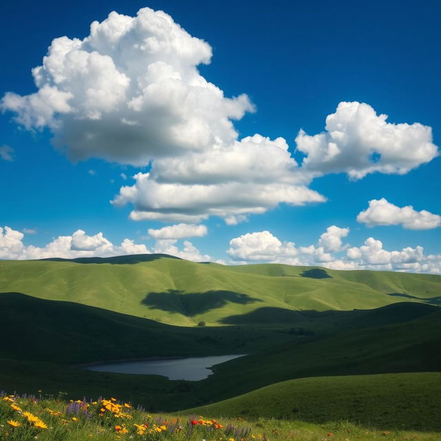 A serene landscape showcasing fluffy white clouds in a vivid blue sky, resembling a picturesque summer day