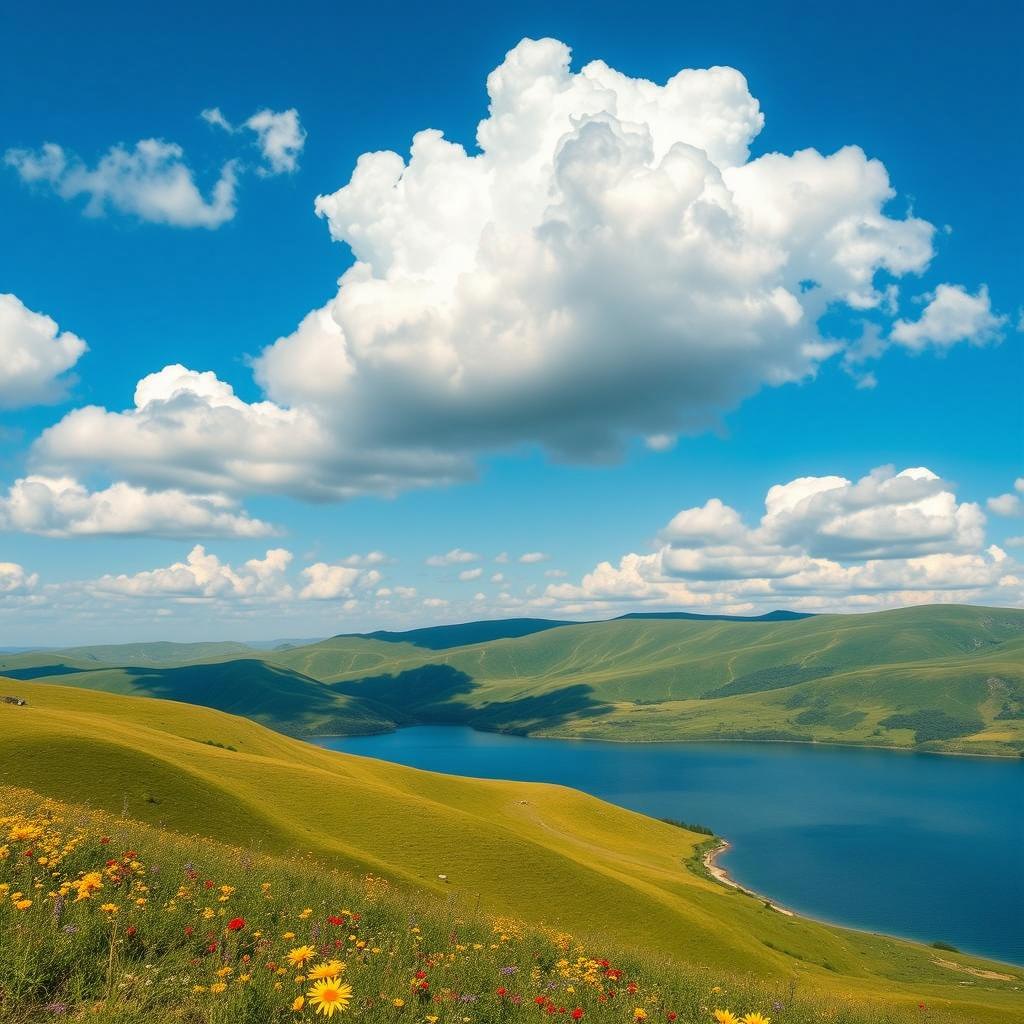 A breathtaking landscape featuring a tranquil lake surrounded by rolling green hills under a vibrant blue sky