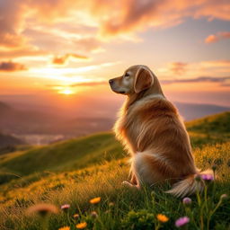 A majestic golden retriever sitting gracefully on a lush green hilltop, gazing towards the horizon