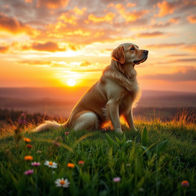 A majestic golden retriever sitting gracefully on a lush green hilltop, gazing towards the horizon