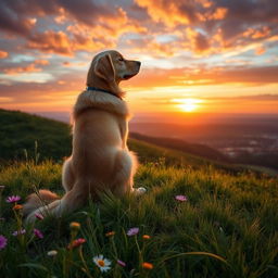 A majestic golden retriever sitting gracefully on a lush green hilltop, gazing towards the horizon