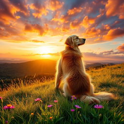 A majestic golden retriever sitting gracefully on a lush green hilltop, gazing towards the horizon