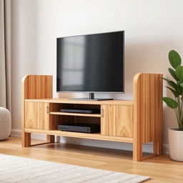 A simple TV stand designed in two L shapes, made of natural wood with a smooth finish, showcasing a modern minimalist aesthetic
