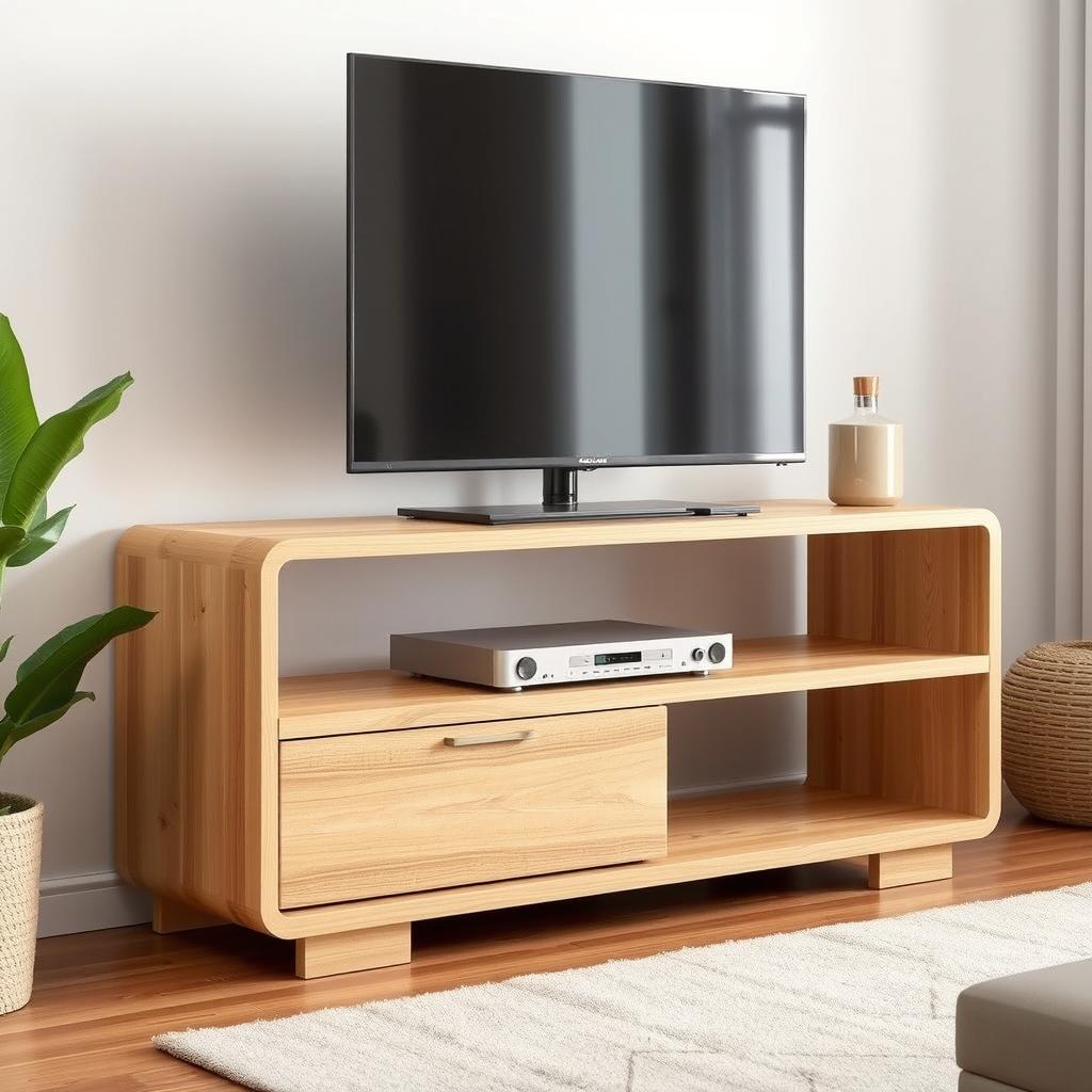 A simple TV stand designed in two L shapes, made of natural wood with a smooth finish, showcasing a modern minimalist aesthetic