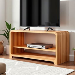 A simple TV stand designed in two L shapes, made of natural wood with a smooth finish, showcasing a modern minimalist aesthetic