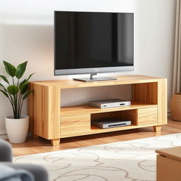 A simple TV stand designed in two L shapes, made of natural wood with a smooth finish, showcasing a modern minimalist aesthetic