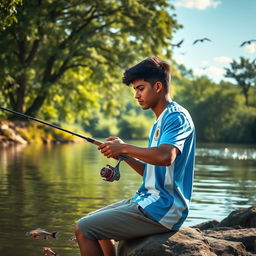 A scene depicting a young man named Nayan, fishing peacefully by a serene river