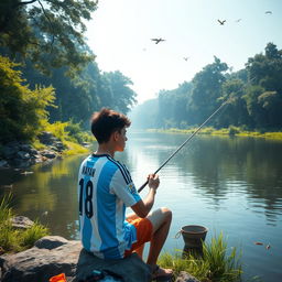 A scene depicting a young man named Nayan, fishing peacefully by a serene river