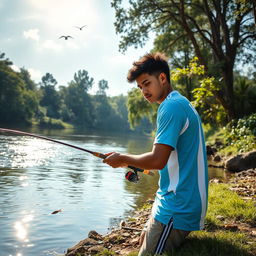 A scene depicting a young man named Nayan, fishing peacefully by a serene river