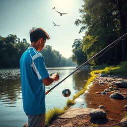 A scene depicting a young man named Nayan, fishing peacefully by a serene river