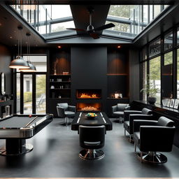 A sleek, modern men's barbershop featuring a sophisticated black-themed interior