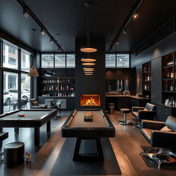 A sleek, modern men's barbershop featuring a sophisticated black-themed interior