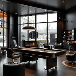 A sleek, modern men's barbershop featuring a sophisticated black-themed interior