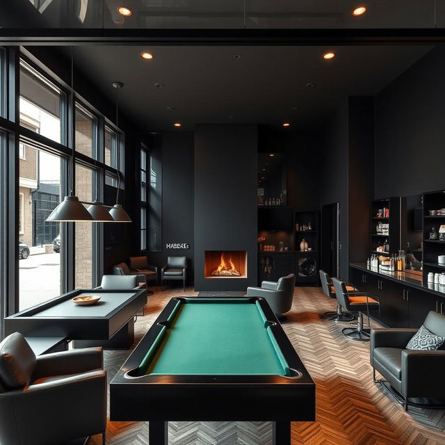 A sleek, modern men's barbershop featuring a sophisticated black-themed interior