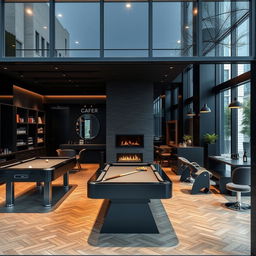 A modern men's barbershop featuring a sleek, black-themed design